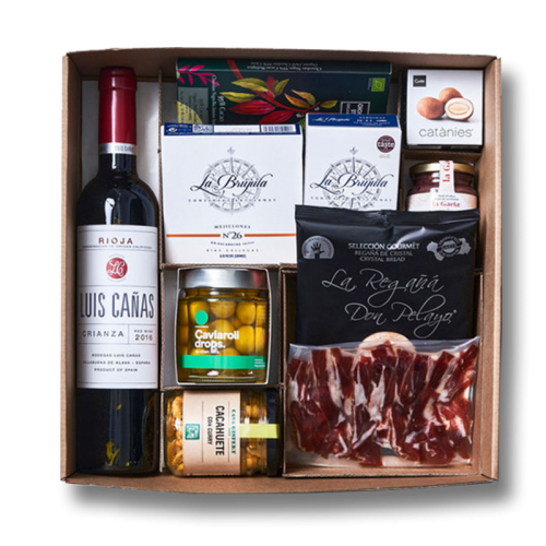 Caja de regalo con vino y jamón